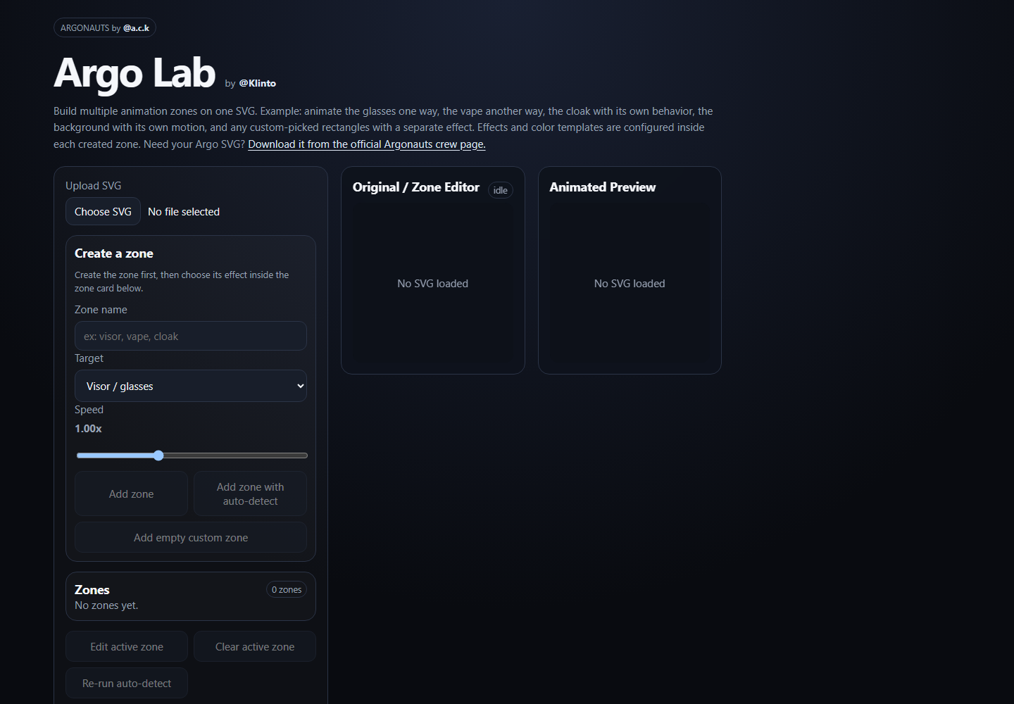 Argo Lab — a dark page headed Argo Lab by @Klinto, with an SVG upload, a panel for creating animation zones with a target and speed, and empty zone editor and animated preview panels.