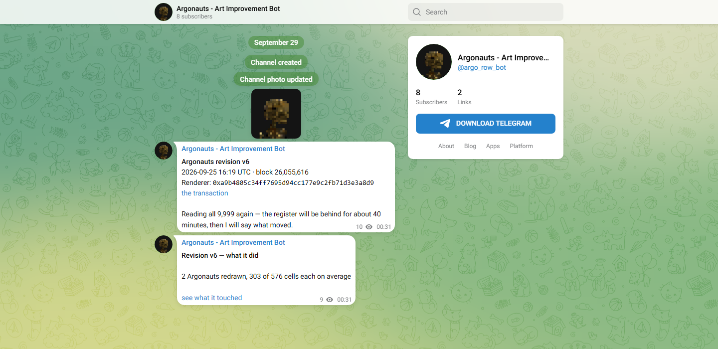 The Telegram channel Argonauts - Art Improvement Bot, showing two posts: one announcing revision v6 with its block, renderer address and a link to the transaction, and one saying what the revision did.