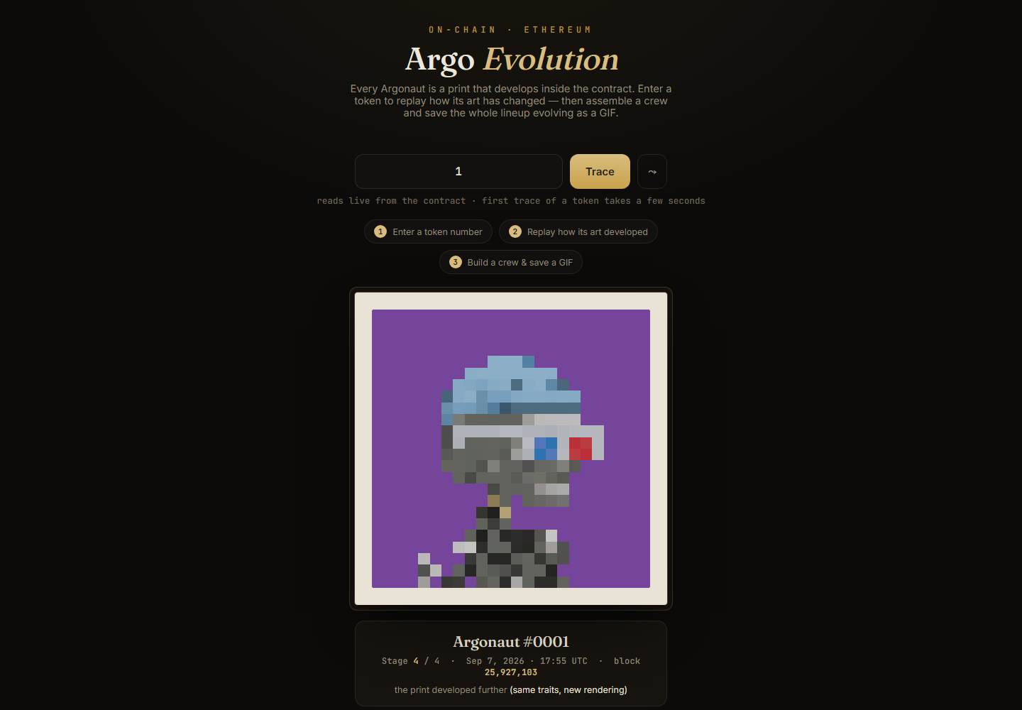 Argo Evolution — a dark page headed Argo Evolution, with a field for a token number and Argonaut #0001 shown mid-replay on a purple ground, captioned stage 4 of 4.
