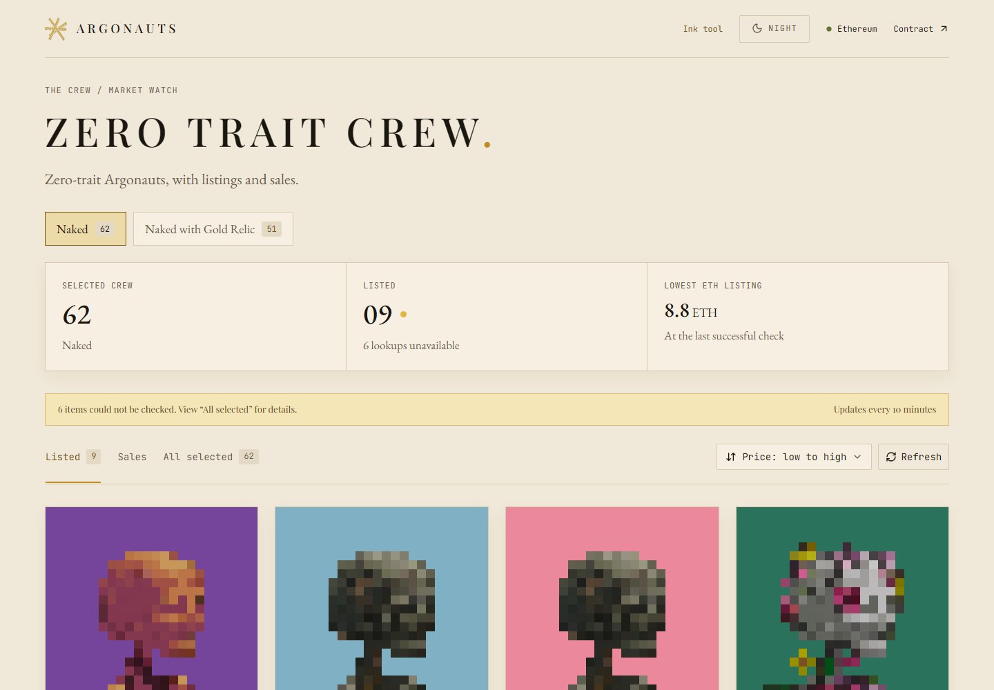 Zero Trait Crew — a pale page headed Zero Trait Crew, with tabs for Naked (62) and Naked with Gold Relic (51), readouts for the selected crew, how many are listed and the lowest ETH listing, and a grid of Argonauts below.